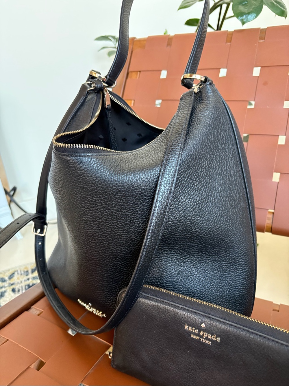 kate spade Black Pebbled Leather Shoulder Hobo with Matching Wallet